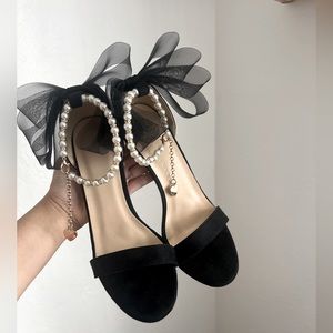 Women Faux Pearl & Bow Decor Heels, Satin Ankle Strap